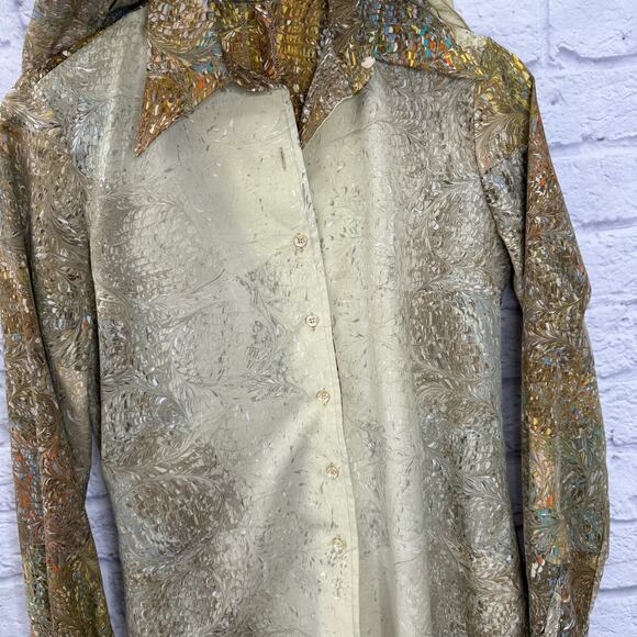 Vintage John Meyer Button Down Blouse Brown Paint Swirl Size S 70s Disco Scarf - Picture 4 of 6